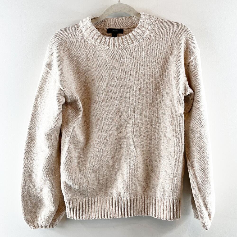 J. Crew Marled Ribbed Trim Crewneck Cotton Sweater Tan Beige Small